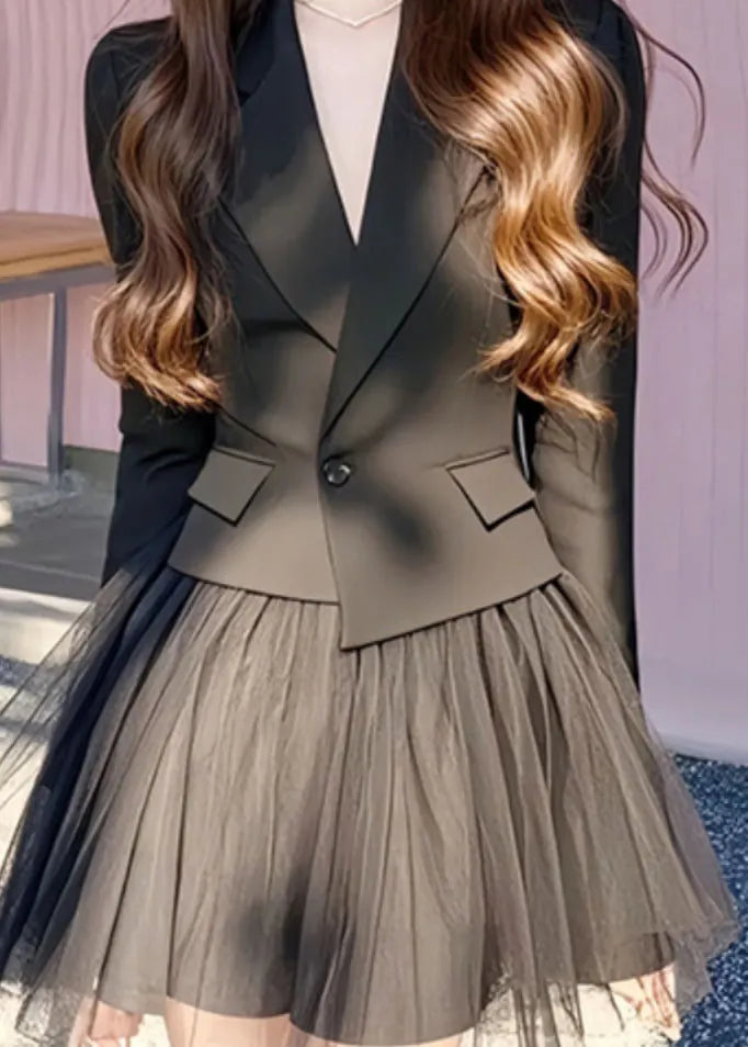 French Black Notched Coats and Tulle Skirts Two Pieces Set Long Sleeve