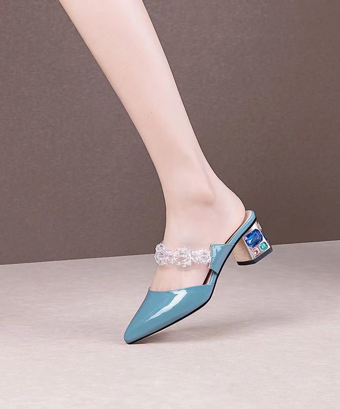 Crystal Flower Splicing Chunky Blue Cowhide Leather