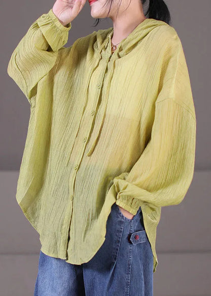 Green Hooded Wrinkled Cotton Upf 50+ Coat Jacket Long Sleeve