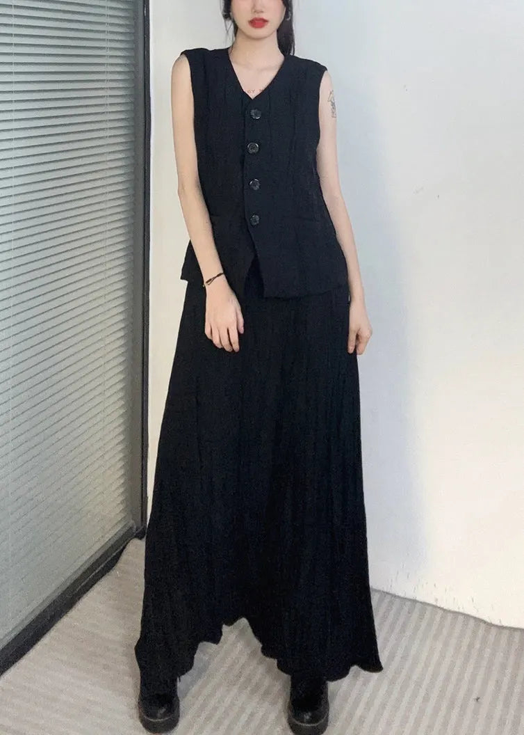 Black Waistcoat and Maxi Skirts Two Piece Set V Neck Sleeveless