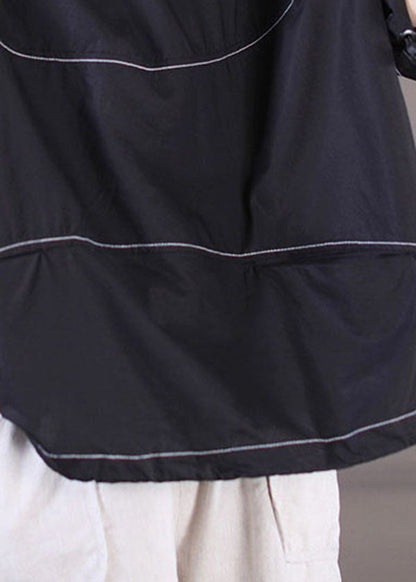 Stylish Black O-neck Oversized Drawstring Cotton Tank Top Short Sleeve