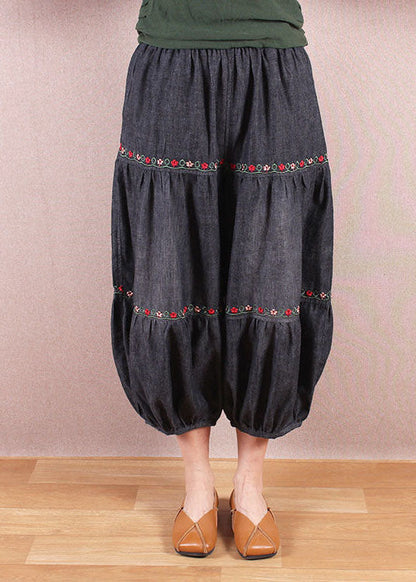 Denim Blue Elastic Waist Oriental Embroideried Patchwork Cotton Lantern Pants Summer