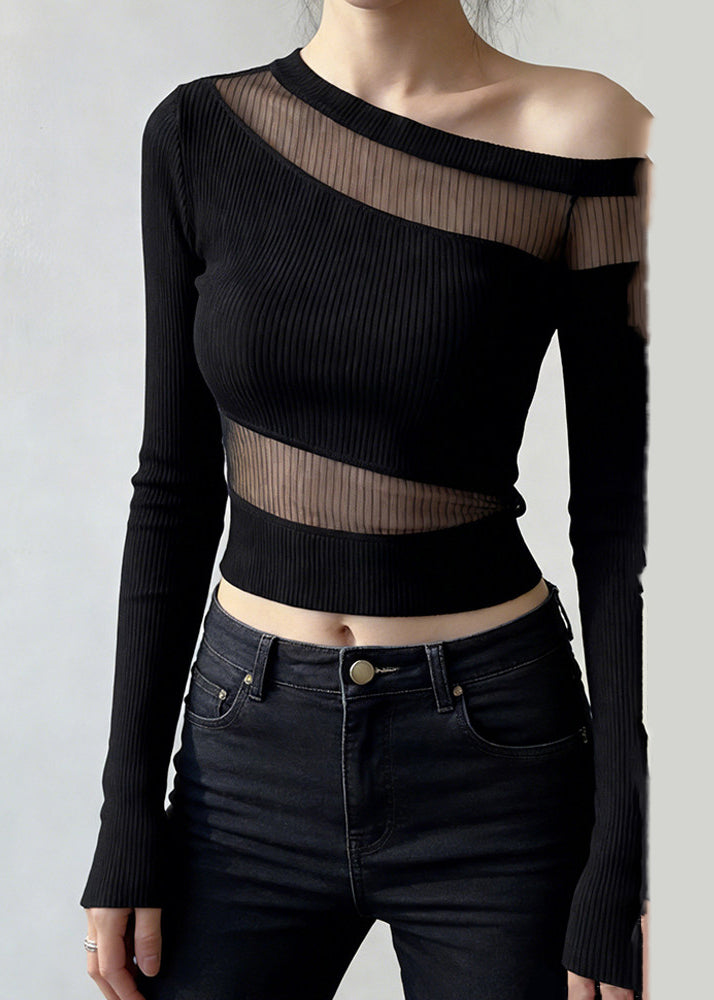 Diy Black One Shoulder Patchwork Tulle Shirts Summer