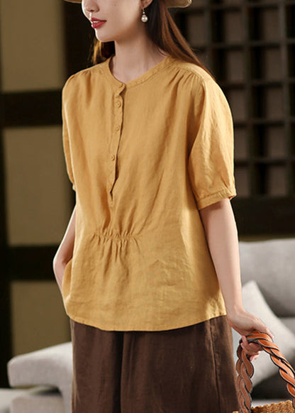 Yellow O Neck Wrinkled Linen Shirt Summer