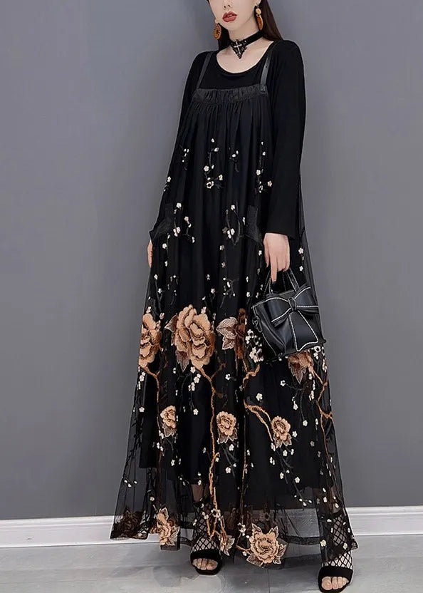 Yellow Embroideried Patchwork Tulle Spaghetti Strap Long Dress Two Piece Set Spring