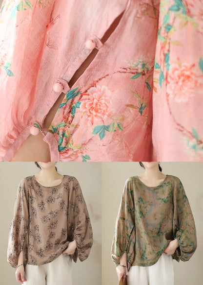 New Khaki O Neck Button Print Cotton T Shirt Spring