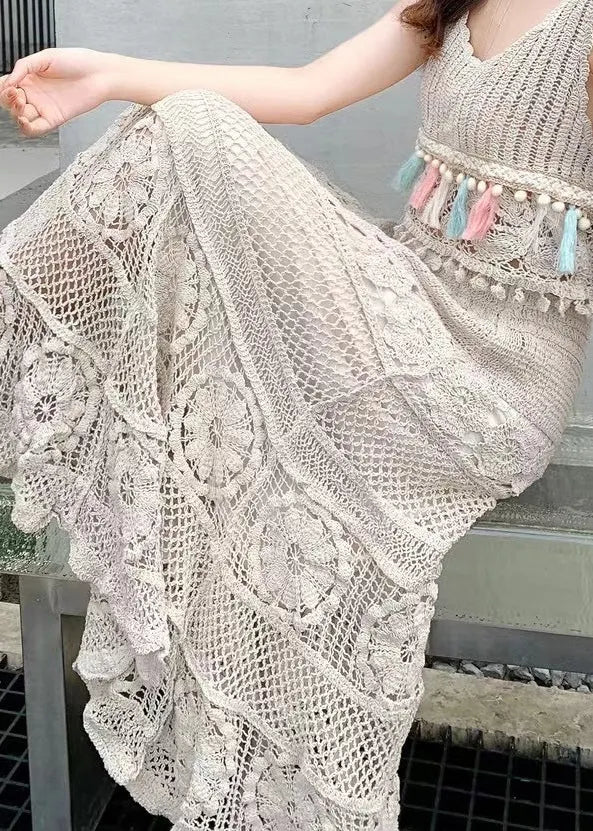 Loose Apricot Hollow Out Elastic Waist Skirts Summer