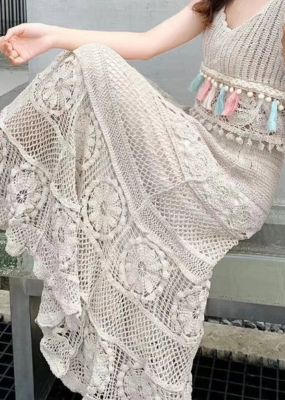 Loose Apricot Hollow Out Elastic Waist Skirts Summer