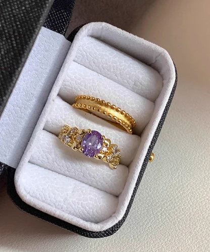 Retro Gold Sterling Silver Overgild Zircon Rings Two-piece Set