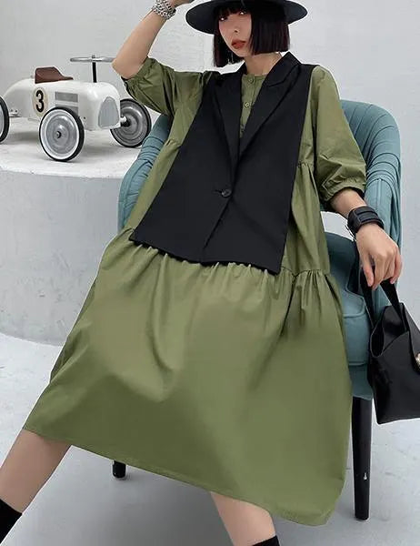 Grass Green Detachable Vest Dress Two Piece Suit