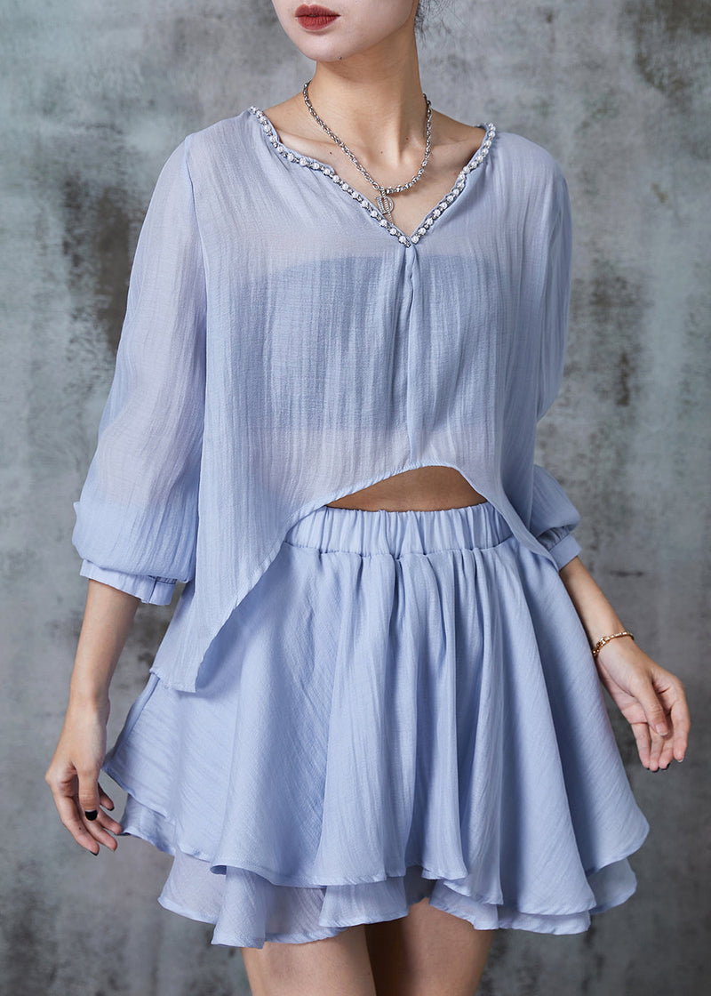 Diy Blue Low High Design Cotton Two Pieces Set Summer