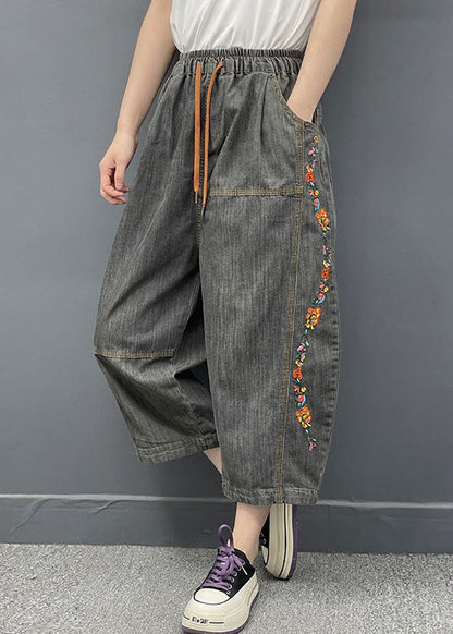 Dark Gray Embroideried Elastic Waist Denim Crop Pants Spring