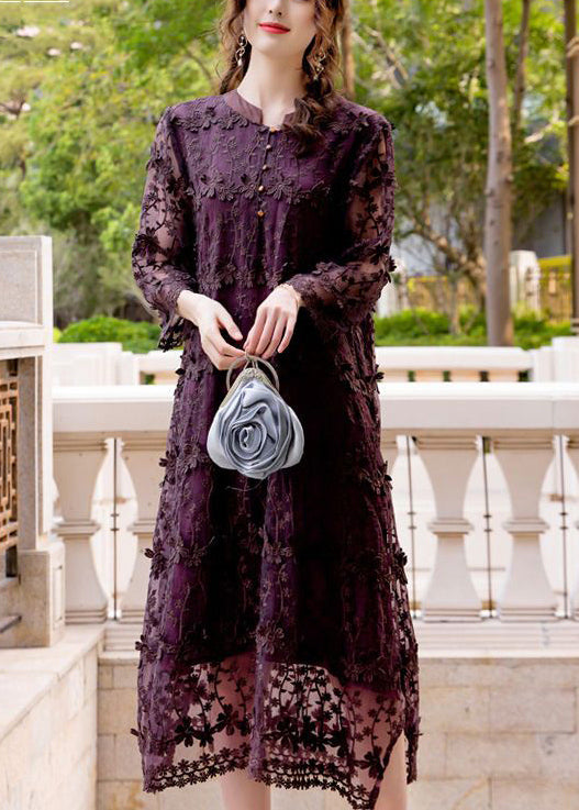 Dark Purple Embroideried Hollow Out Organza Long Dress Spring