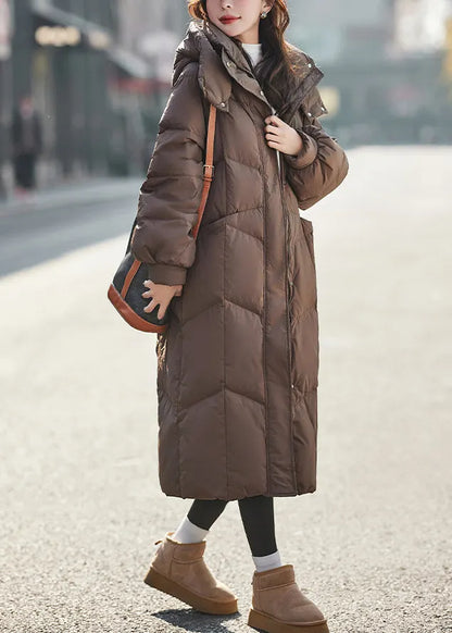 Brown Hooded Warm Duck Down Long Coats Winter