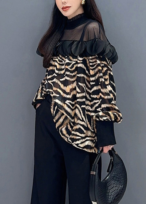 Yellow Leopard Tulle Patchwork Chiffon Top Long Sleeve