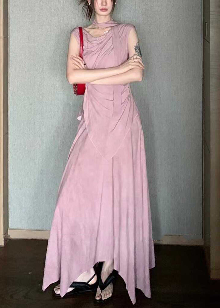 Pink Asymmetrical Tops and Skirts Cotton Two Pieces Set Sleeveless