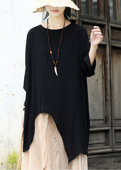 Black Cotton Upf 50+ Pullover Tops Open Side Three Quarter Sleeve