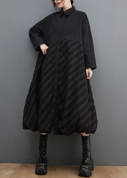 Black Peter Pan Collar Striped Patchwork Button Long Shirts Dresses Long Sleeve