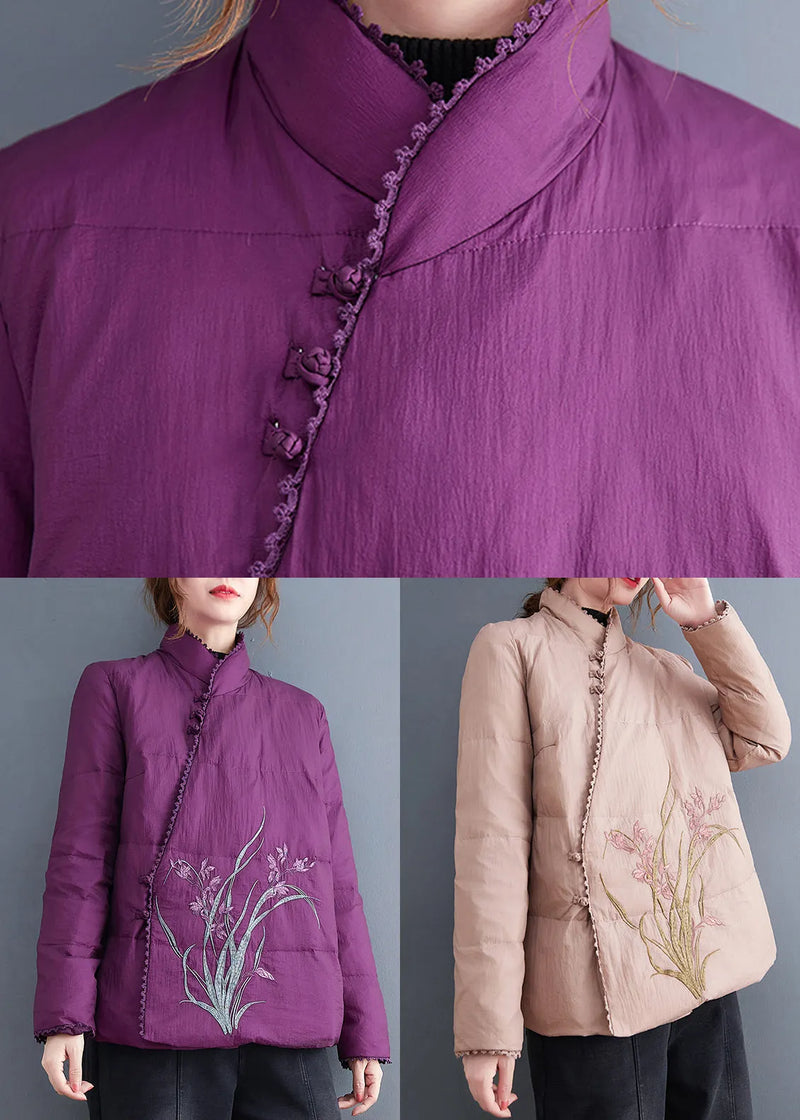 Pink Stand Collar Embroideried Fine Cotton Filled Jackets Winter