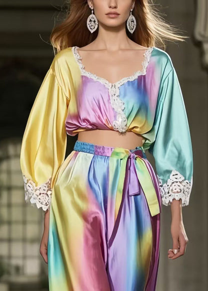 Rainbow Tie Dye Patchwork Lace Silk Two Piece Suit Set Spring