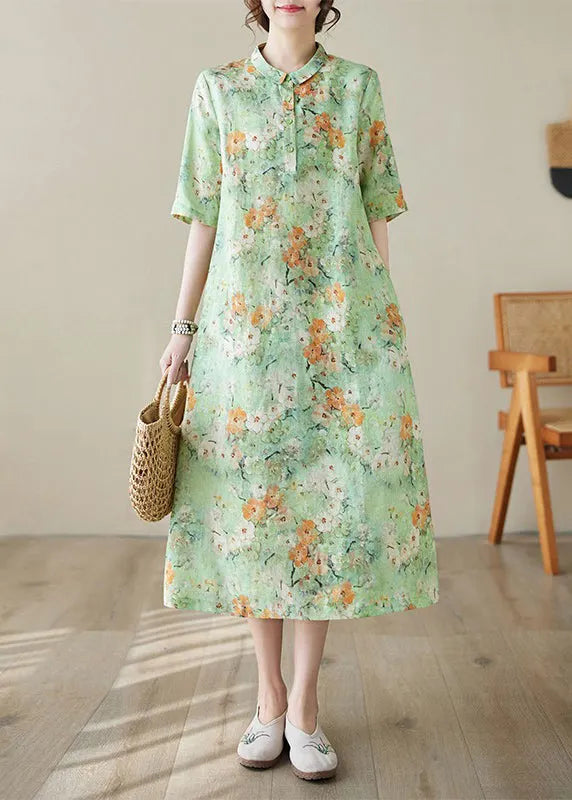 Green Peter Pan Collar Print Cotton Long Dresses Summer