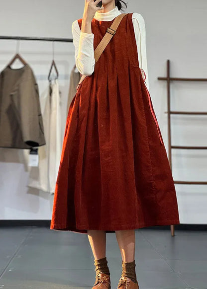 Stylish Red O-neck Exra Large Hem Corduroy Pleated Dresses Sleeveless