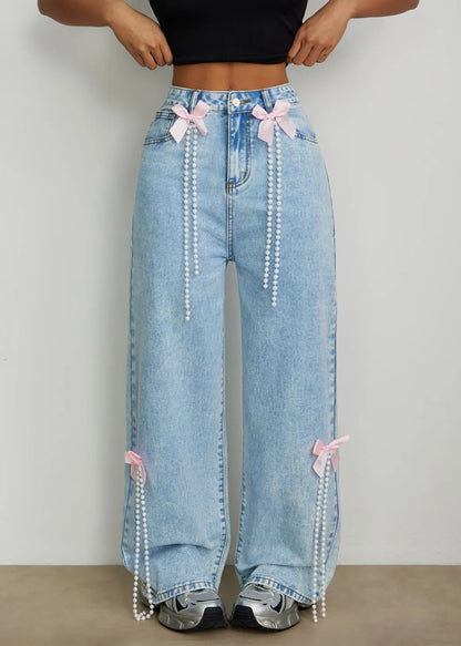 Blue High Waist Bow Pearl Tassel Wide Leg Jeans