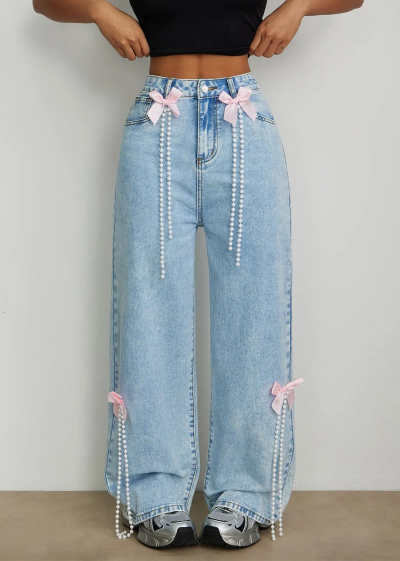 Blue High Waist Bow Pearl Tassel Wide Leg Jeans