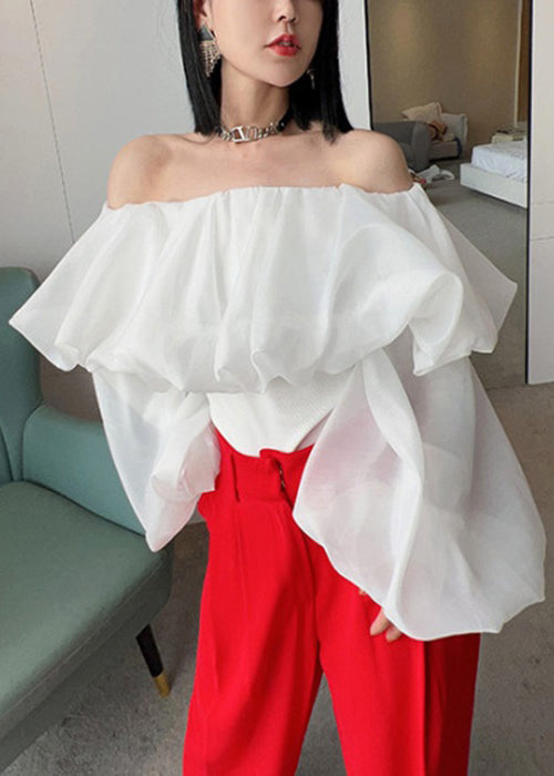White Ruffled Chiffon Shirts Slash Neck Puff Sleeve