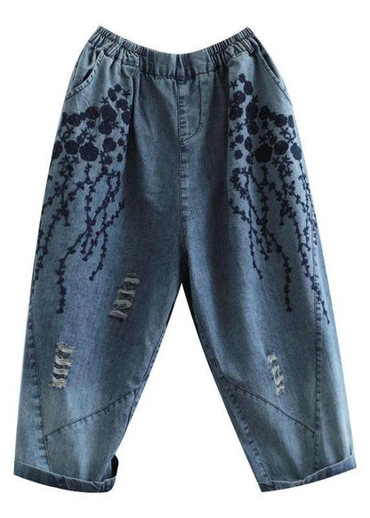 Blue Embroideried Summer Denim Pants