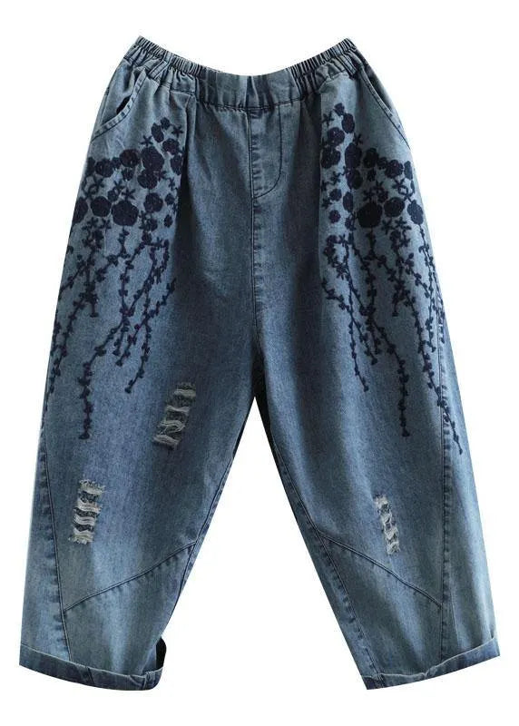 Blue Embroideried Summer Denim Pants
