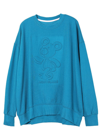 Blue O-neck Print Loose Fall Sweatshirts