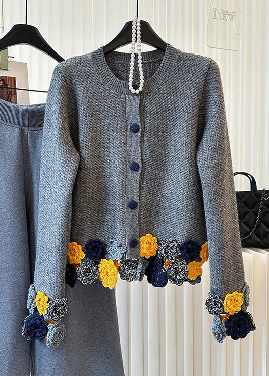 Grey O-neck Knit Cardigan Winter