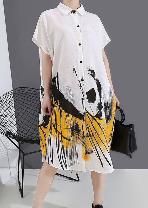 Natural White Low High Design Peter Pan Collar Print Shirt Dress Spring