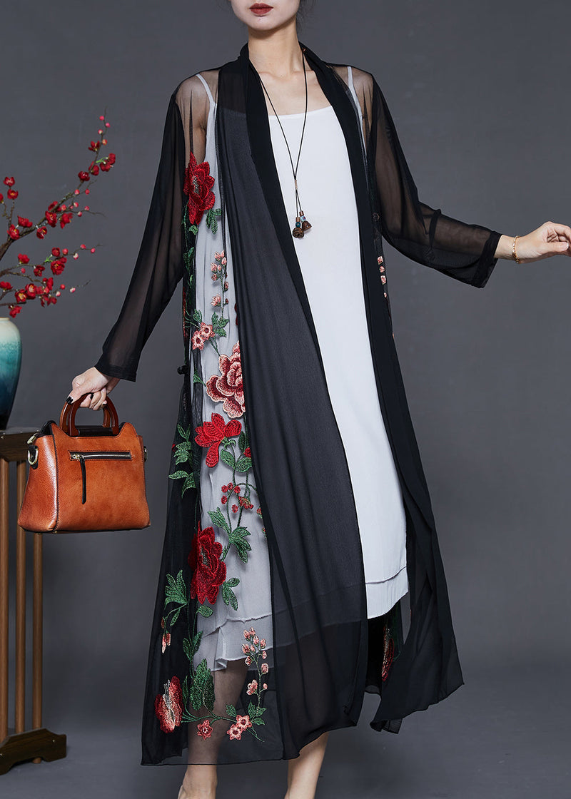 Classy Black Embroidered Tulle Loose Cardigan Summer