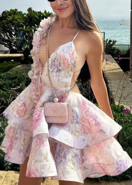Pink Backless Lace Up Cotton Mid Dress Summer