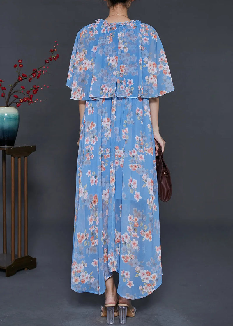 Diy Blue Ruffled Print Chiffon Vacation Dresses Cloak Sleeves