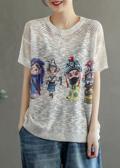 Italian White O-neck Print Summer Hollow Out Short Sleeve