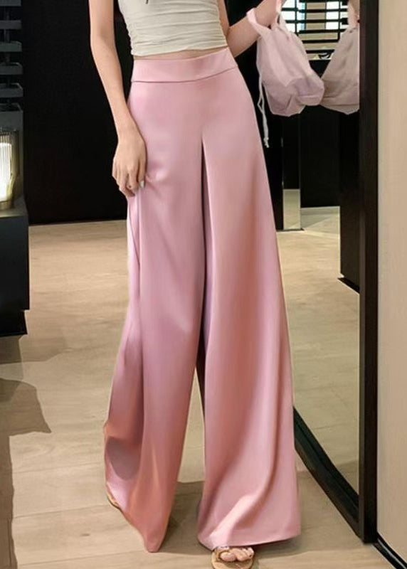 Simple Pink High Waist Silk Wide Leg Pants Summer