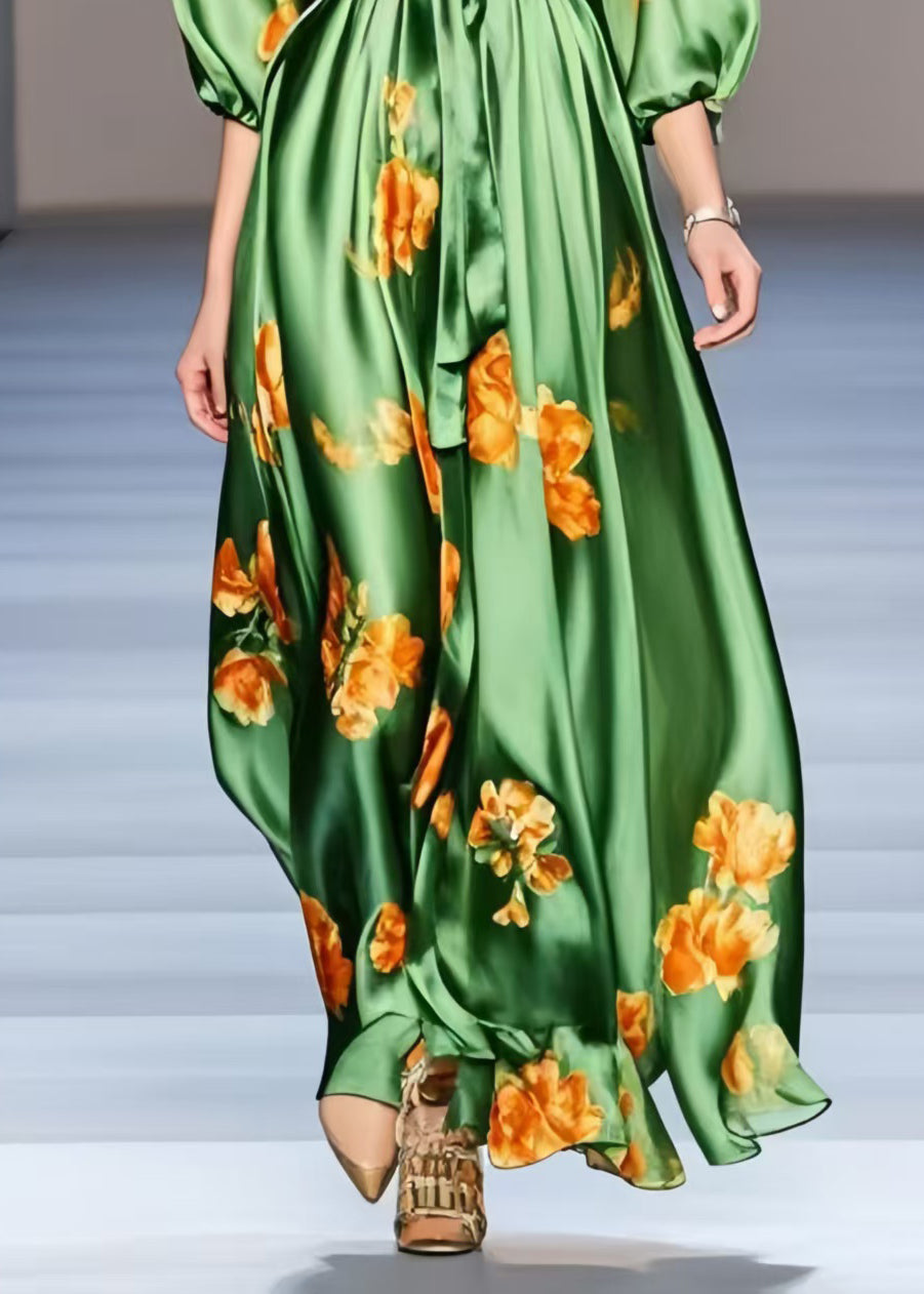 Organic Green Print Exra Large Hem Silk Holiday Dress Half Sleeve Spring