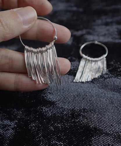 Brief Silk 925 Silver Waterfall Tassel Hoop Earrings
