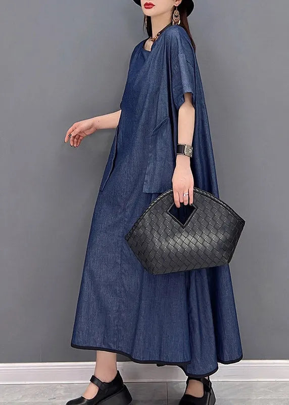 Denim Blue O-neck Pockets Long Dresses Short Sleeve