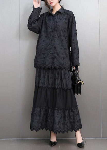 Black Lace Top and Maxi Skirts Two Pieces Set Peter Pan Collar Fall