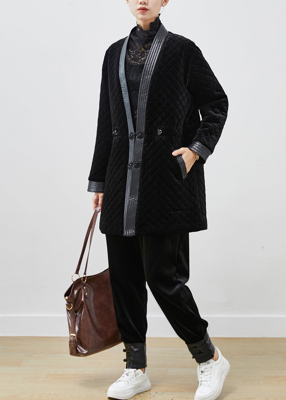 Black Chinese Button Patchwork Silk Velour Coat Winter