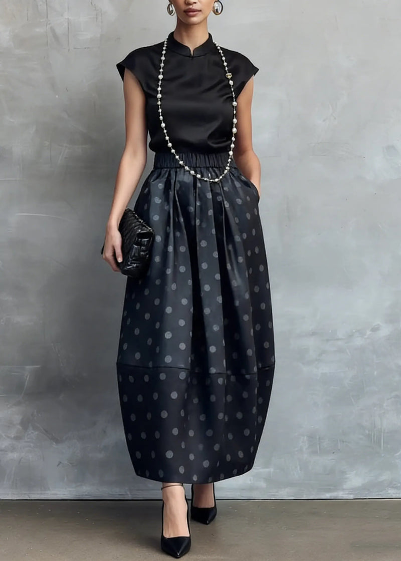 Chinese Style Black Stand Collar Shirts and Dot Skirts Silk Two Piece Set Summer