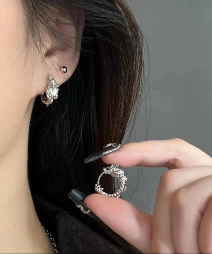 Silk Sterling Silver Dragon Shaped Circle Hoop Earrings