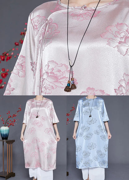 Pink O-neck Print Tassel Silk Long Dress Half Sleeve