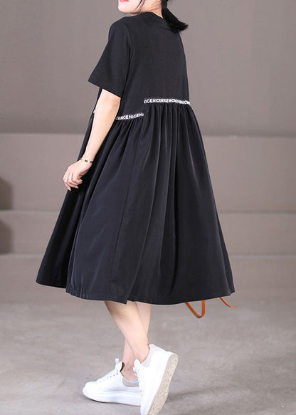 Black O-neck Oversized Letter Applique Pleated Dress Summer