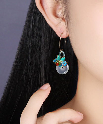 Green Jade Agate Cloisonne Drop Earrings