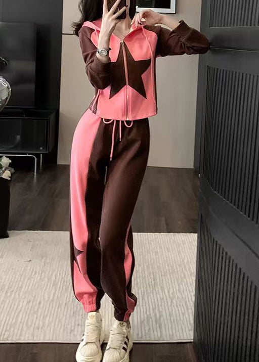 Pink Hooded Zippered Patchwork Cotton Two Pieces Set Long Sleeve